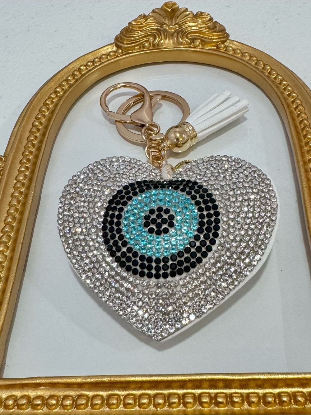 New Crystal Heart Evil Eye Keychain Silver with Turquoise